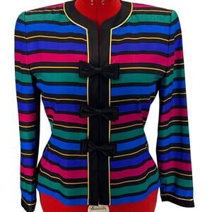 Adrianna Papell Vintage Rainbow Blue Pink Stripe Silk Bow Jacket Women 10